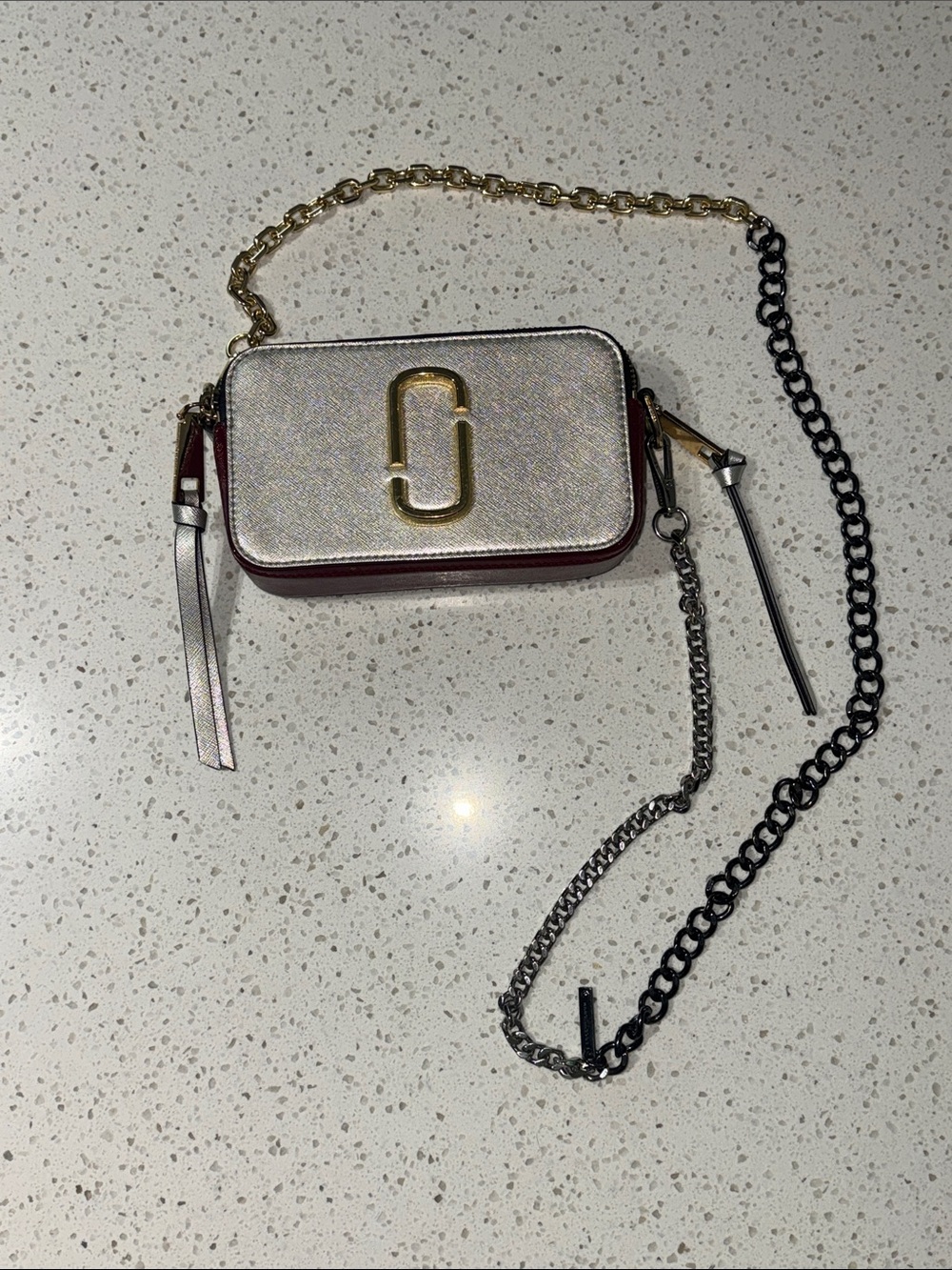 Marc Jacob’s Hot Shot Crossbody bag silver leather tri color metal chain strap